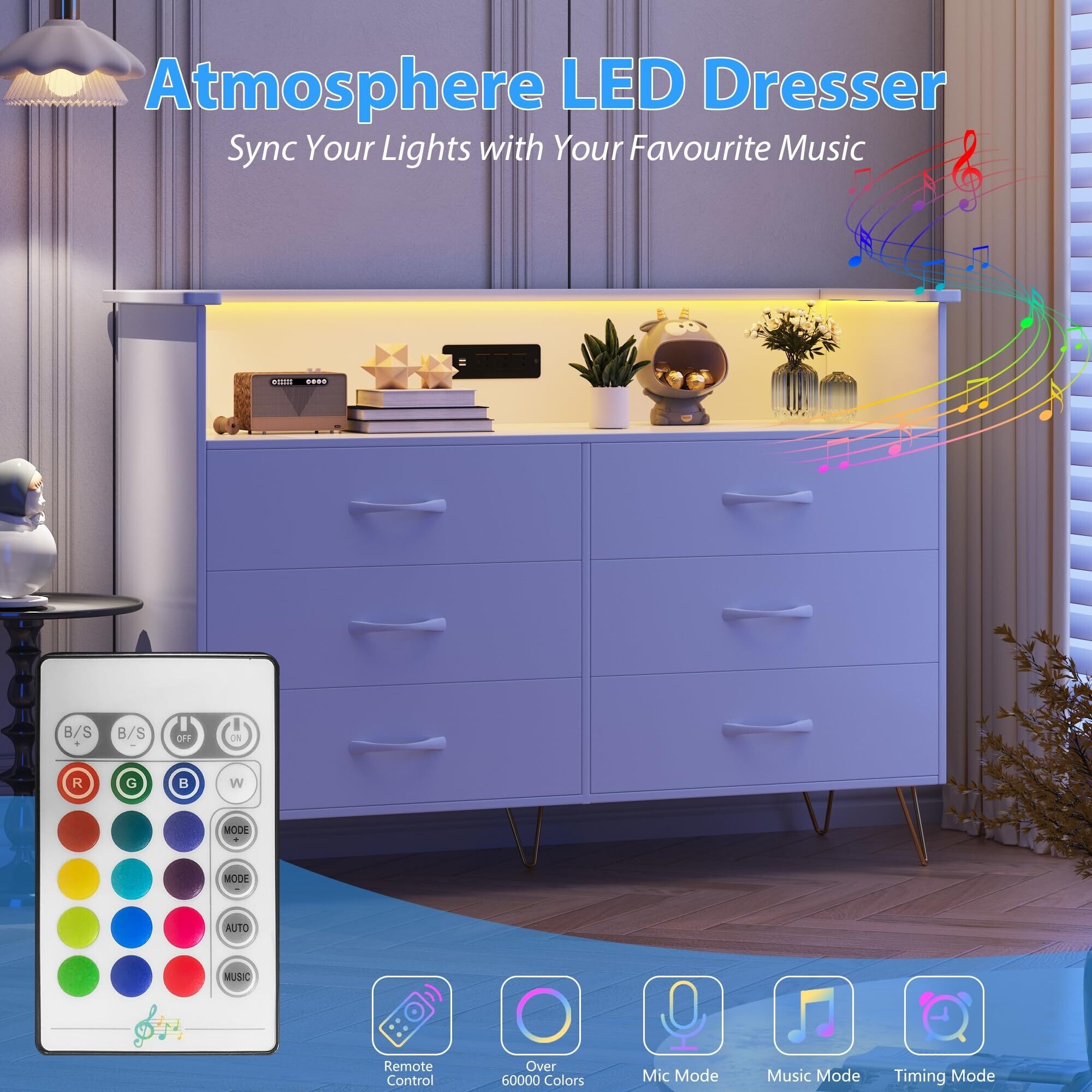6 Wooden Drawers Dresser with Power Outlet LED Light