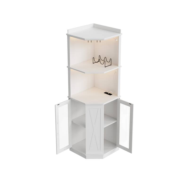 Farmhouse 67.3" Corner Wine Bar Cabinet with Power Outlet and Adjustable Shelves