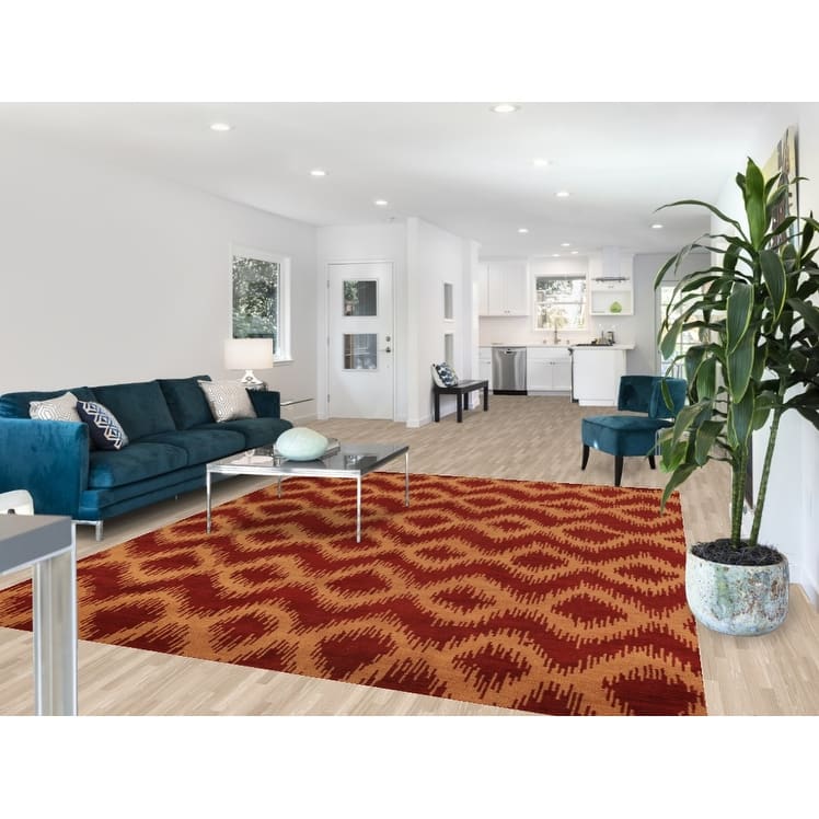 Hand Knotted Oriental 100% Wool Carpet Modern Geometric Red Moroccan Area Rug - 9' 7'' X 7' 11''