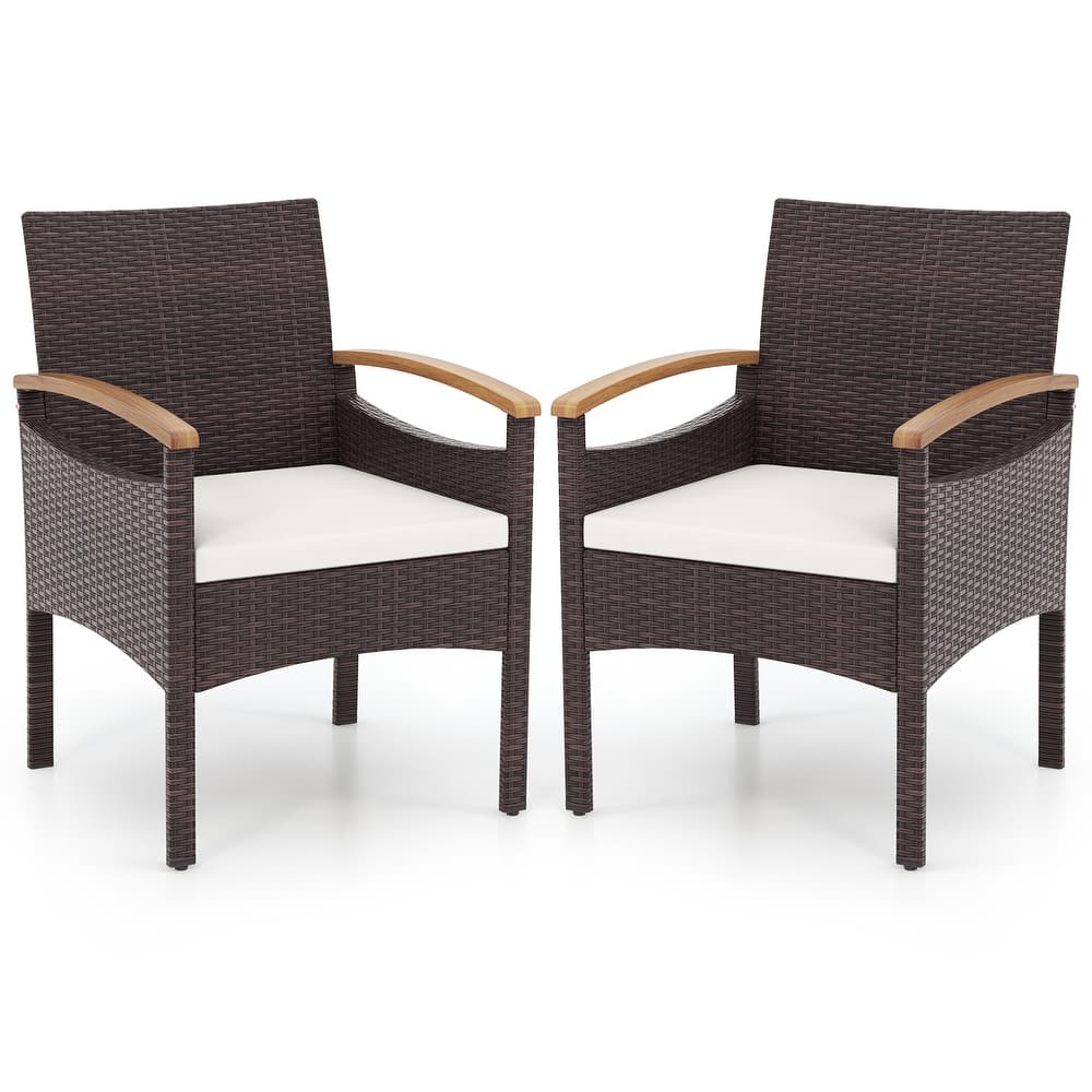PE Rattan and Acacia Wood Outdoor Lounge Chairs Set with Cushions and Armrests for Garden or Porch - 25” x 23” x 34” (L x W x H)