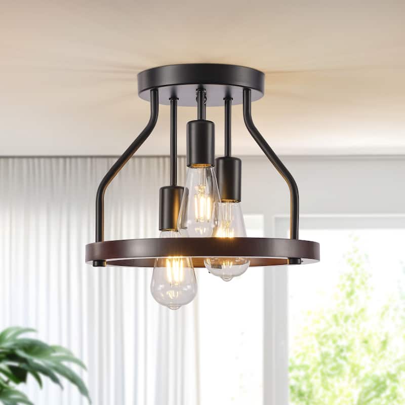 Starsky 3-Light Farmhouse Round Wood Flush Mount Ceiling Light, Industrial Caged Beech Wood Fixture with Black Metal Canopy