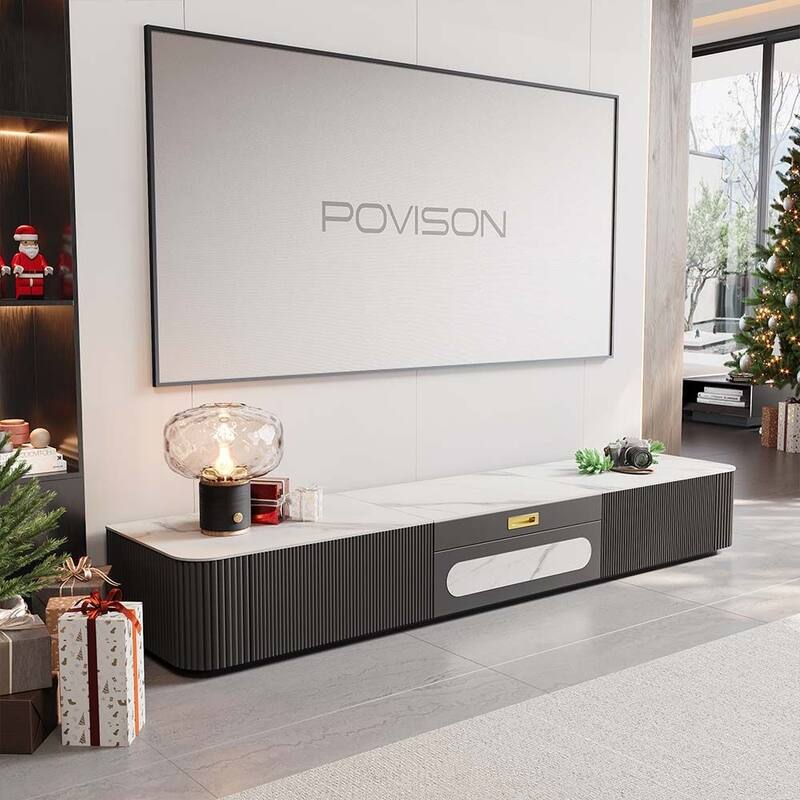 Modern TV Stand for Projector, Sintered Stone TV Cabinet with Drawers for Home Theater, Oak Veneer MDF, Black & White
