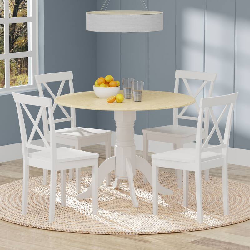 5-Piece Dining Set, 42" Round Drop-Leaf Table and X-Back Chairs