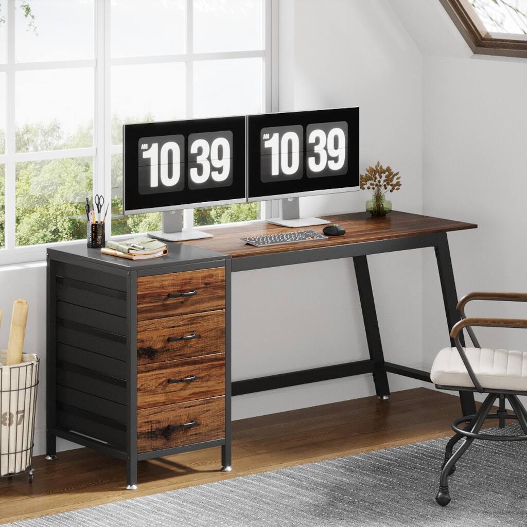 Computer Desk with 4 Drawers, Reversible Writing Desk with Storage