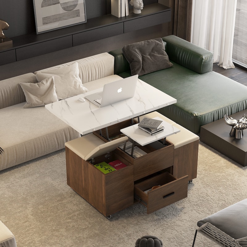 Modern Lift-Up Coffee Table with 4 Stools Set Expandable 1 Hidden Storage + 2 Drawers Space Saving Folding Dining Table - White+Wood