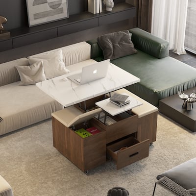 Modern Lift-Up Coffee Table with 4 Stools Set Expandable 1 Hidden Storage + 2 Drawers Space Saving Folding Dining Table