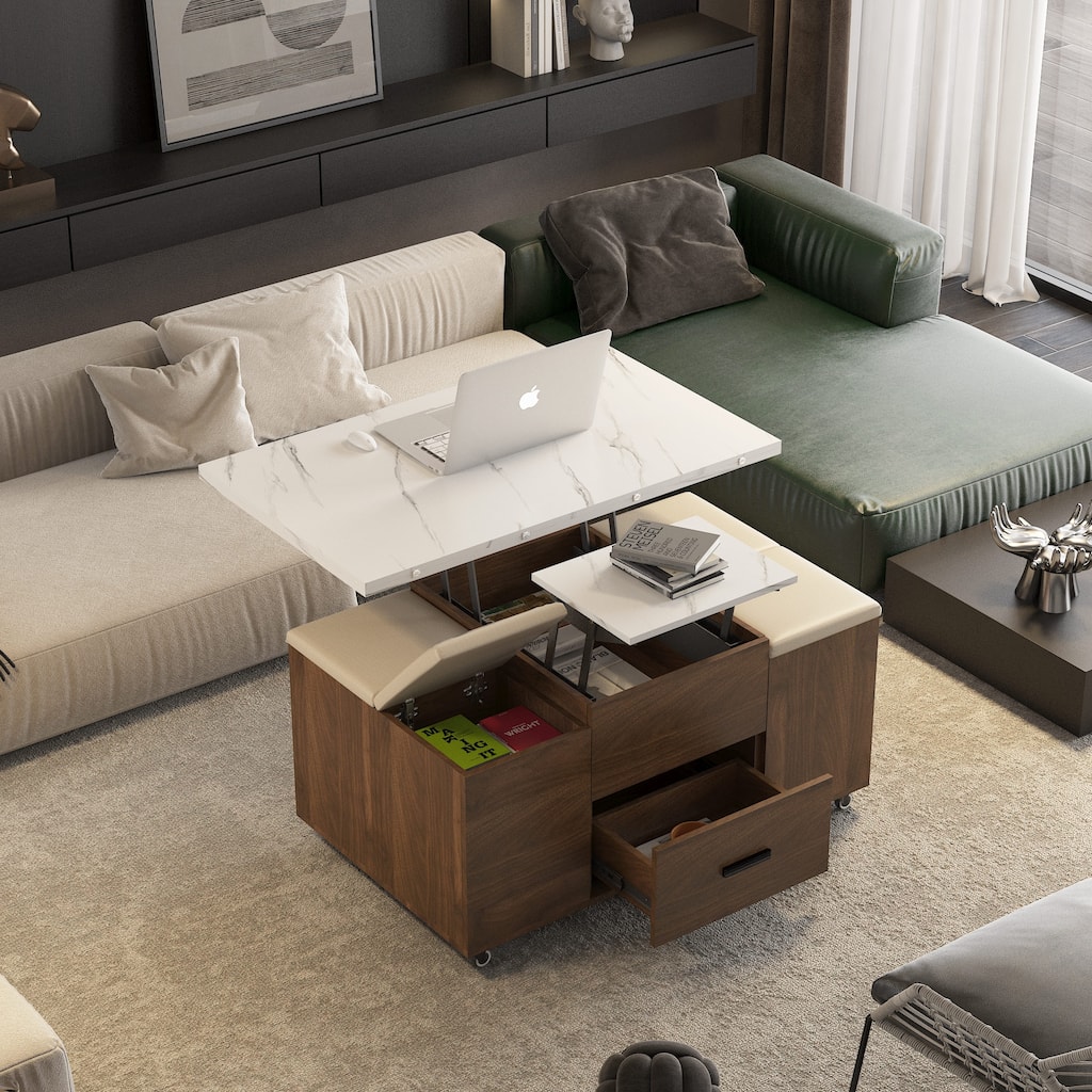 Modern Lift-Up Coffee Table with 4 Stools Set Expandable 1 Hidden Storage + 2 Drawers Space Saving Folding Dining Table