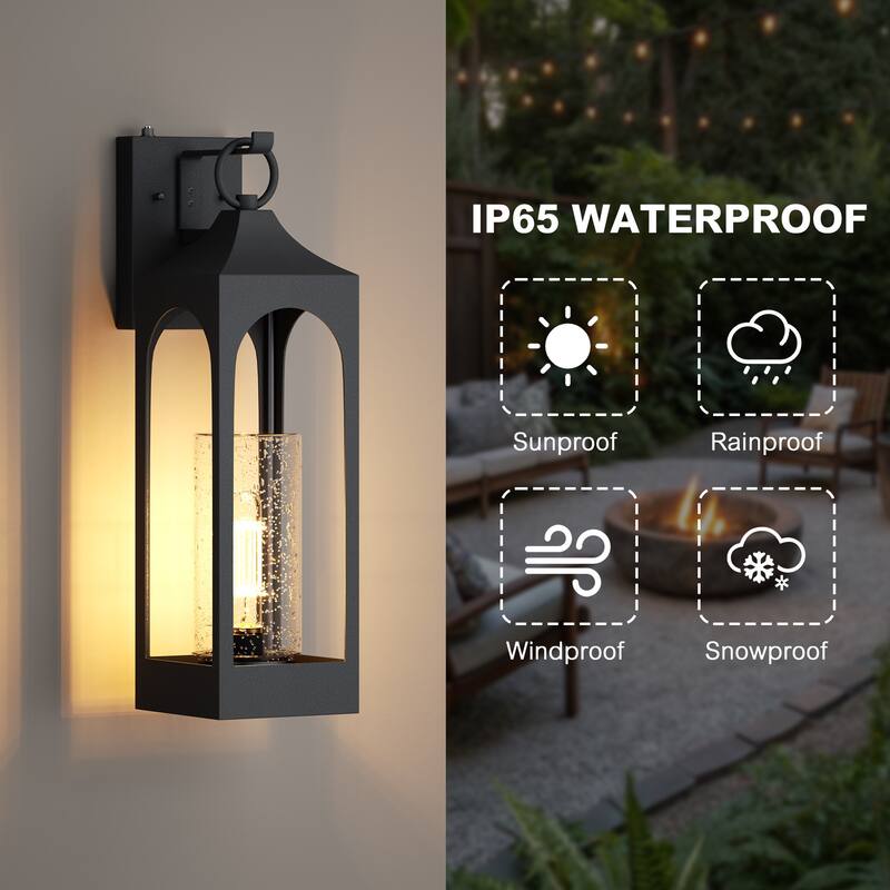 1-Light Matte Black Finish Outdoor Wall Light with Clear Seeded Glass