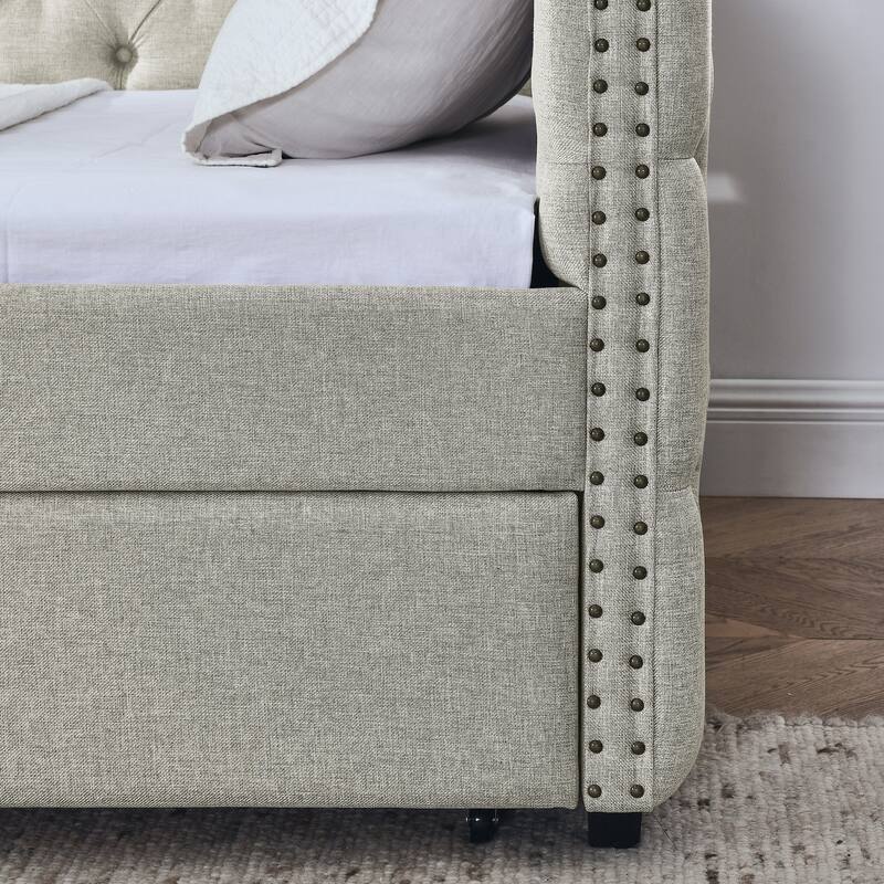 Full Size Daybed - Linen Upholstered Daybed with Storage,Button and Copper Nail