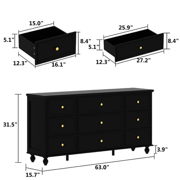 dimension image slide 3 of 5, Timechee 63'' W Dresser White Chest Srorage Cabinet Lacquer Drawers