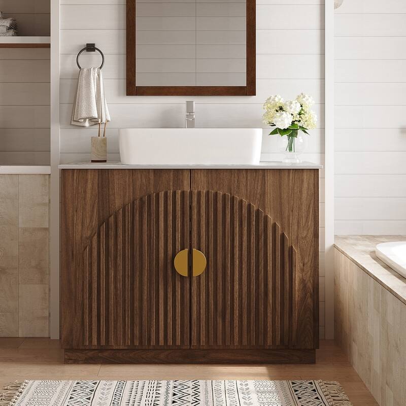 36" Mid - Century Modern Bathroom Vanity With Single Sink Grille Door & Gold Accents - Brown