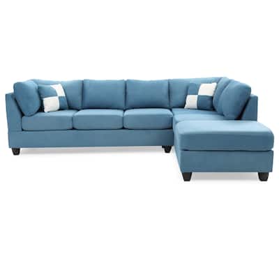 Reversible Microsuede 4-Seater Sectional Sofa with Throw Pillows - 111" - Blue