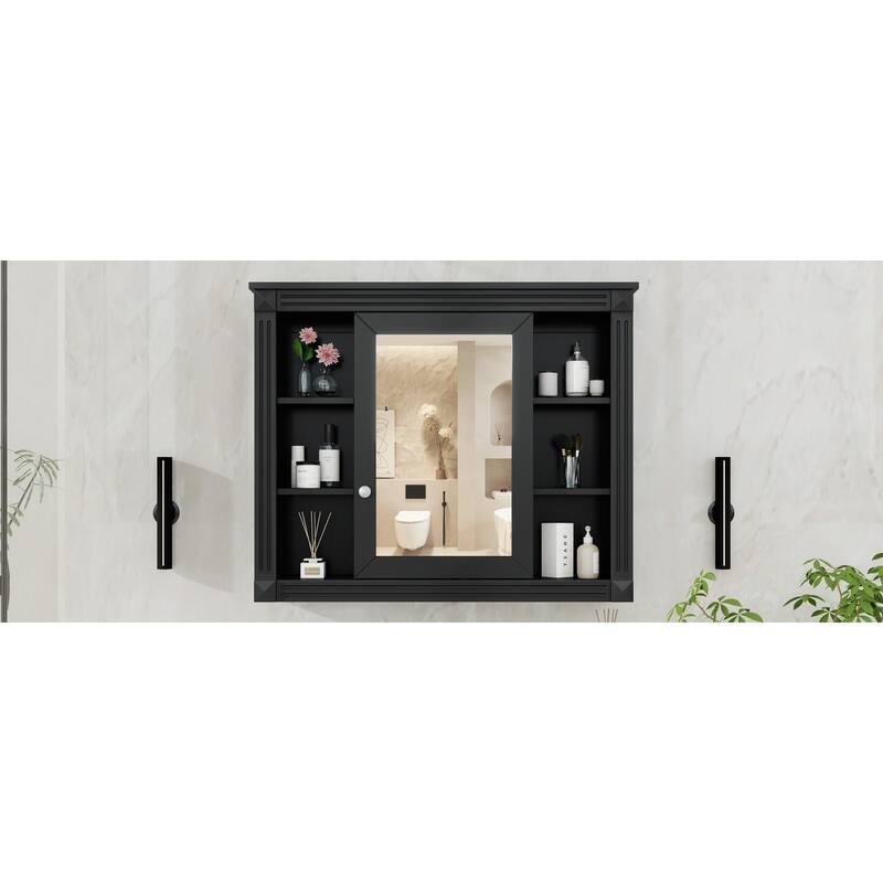 Wall-Mounted Medicine Cabinet with Mirror, Modern Bathroom Storage Cabinet, Adjustable Shelves, Towel Rod, Black