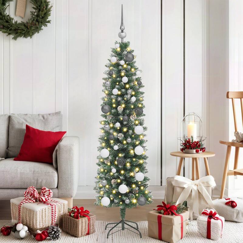vidaXL Christmas Tree Party Decoration Artificial Slim Tree with Stand PVC - Green 59.1" Slim