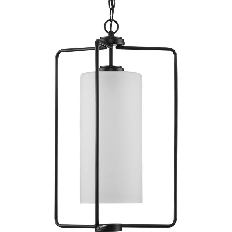 Merry Collection One-Light Matte Black and Etched Glass Transitional Style Foyer Pendant Light - 15 in x 15 in x 23 in