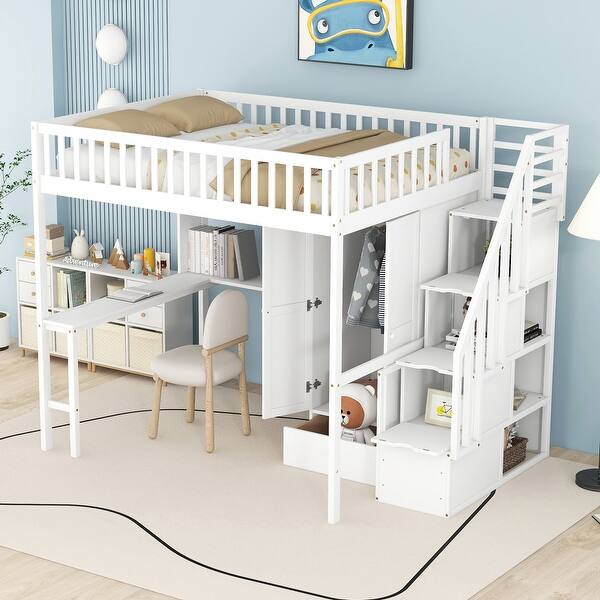 slide 2 of 27, Full size Loft Bed with Bookshelf,Drawers,Desk,and Wardrobe White