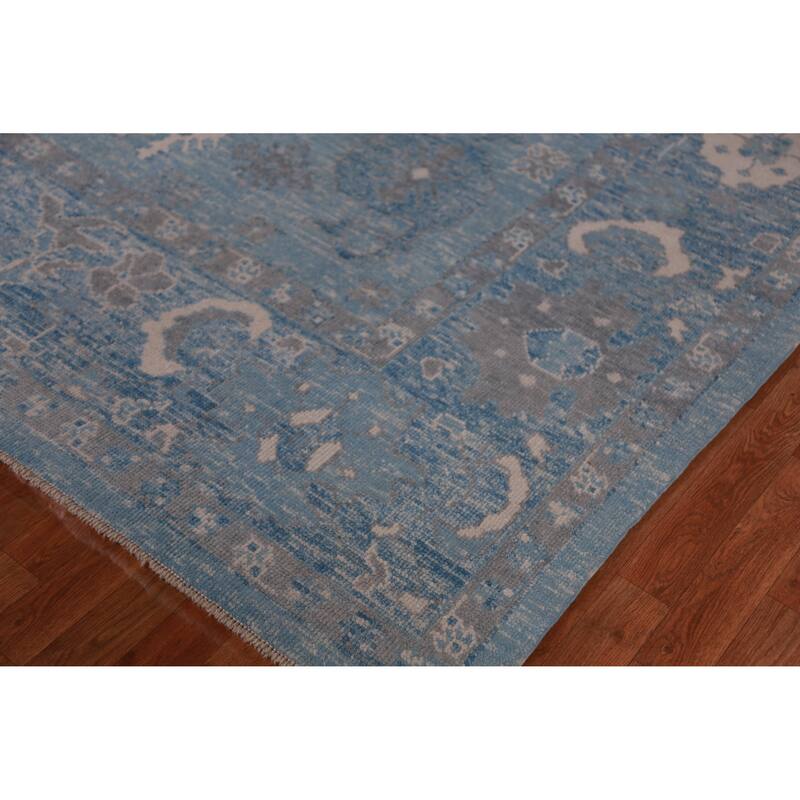 Hand Knotted Oriental 100% Wool Carpet Transitional All-Over Navy Blue & Blues Oushak Area Rug - 12' 9'' X 9' 1''