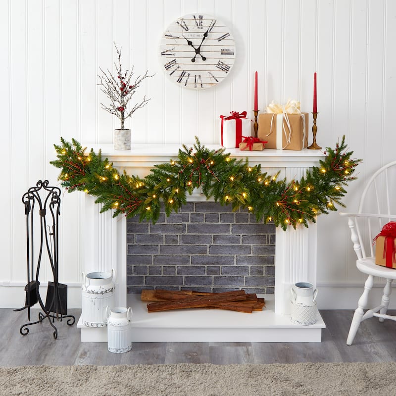 6' Christmas Pine Garland with 50 Warm White LED Lights and Berries