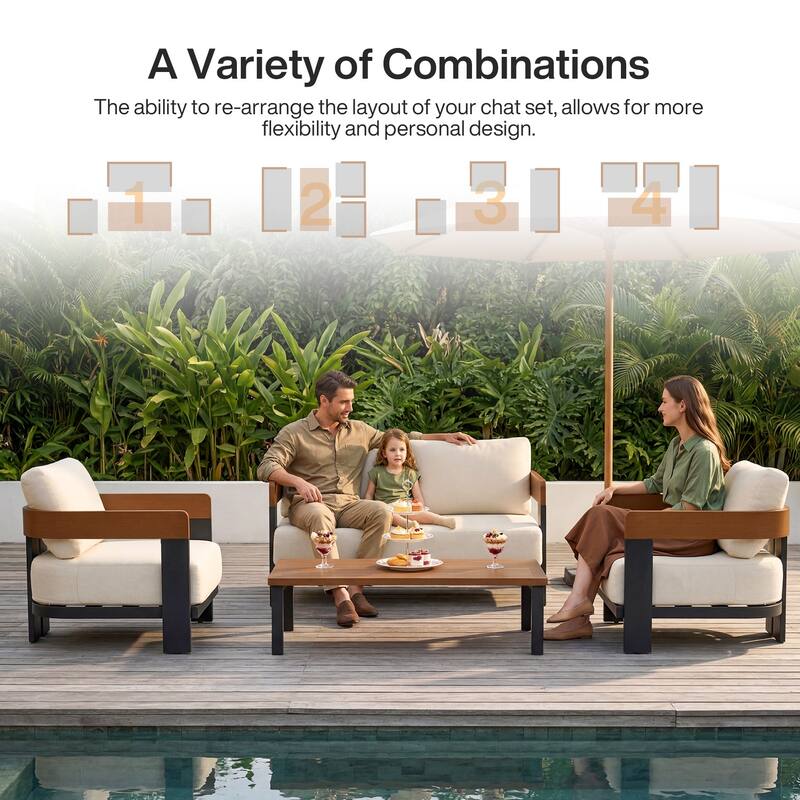4-Piece Outdoor Patio Sofa Set with Coffee Table Rust-Resistant Steel Frame， Waterproof & UV-Resistant Olefin Cushions