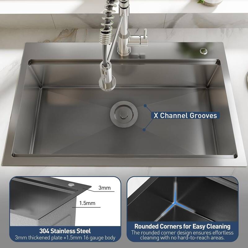 30"X18"X9" Undermount Kitchen Drop In Sink for Easy Installation with Faucet