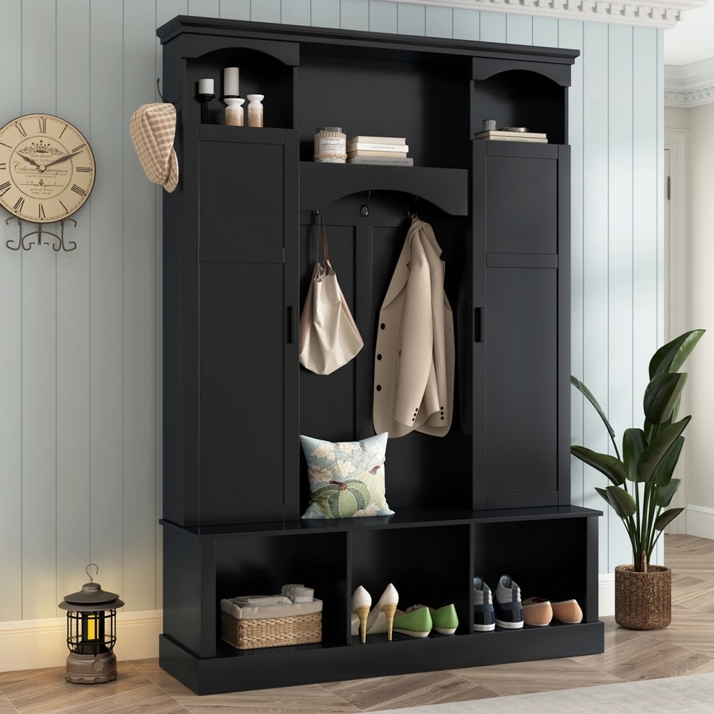 Classic Arched Farmhouse Storage Bench with Dual Side Cabinets