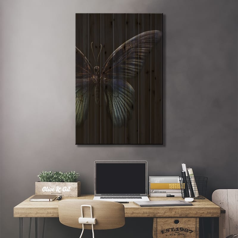 Black Butterfly on Grey Print On Wood by Design Fabrikken - Multi-Color