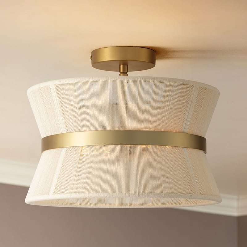 2-Light Farmhouse Modern Gold Drum Tapered Handwoven Rope Semi-Flush Mount Ceiling Light - 13.7 in. W x 11.6 in. H