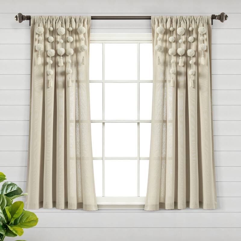Lush Decor Boho Pom Pom Tassel Linen Window Curtain Panel (Single) - 52"W x 63"L - Dark Linen