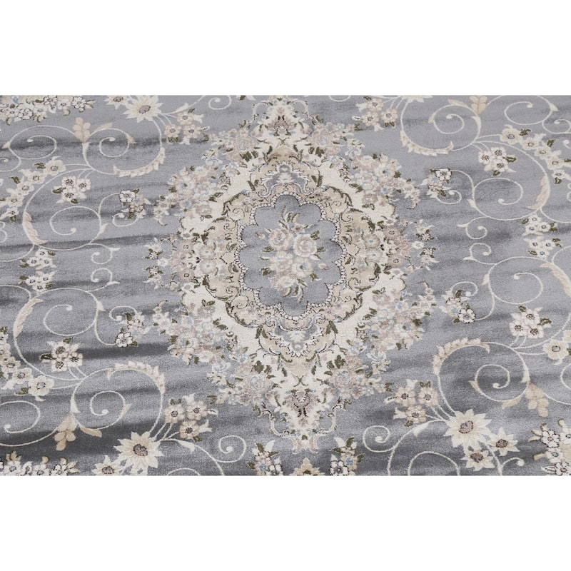 Grey Floral Medallion Transitional Turkish Rug Oriental Carpet