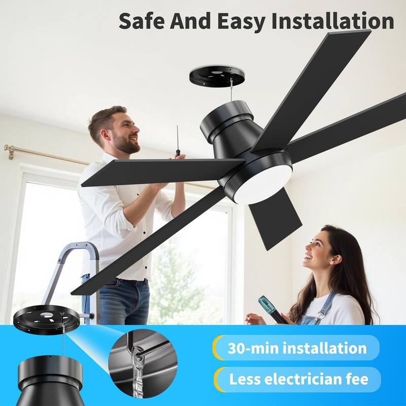 52" Ceiling Fan with Lights, Black Flush Mount Ceiling Fans with Remote Control, 6 Speeds DC Reversible, Dimmable, Noiseless