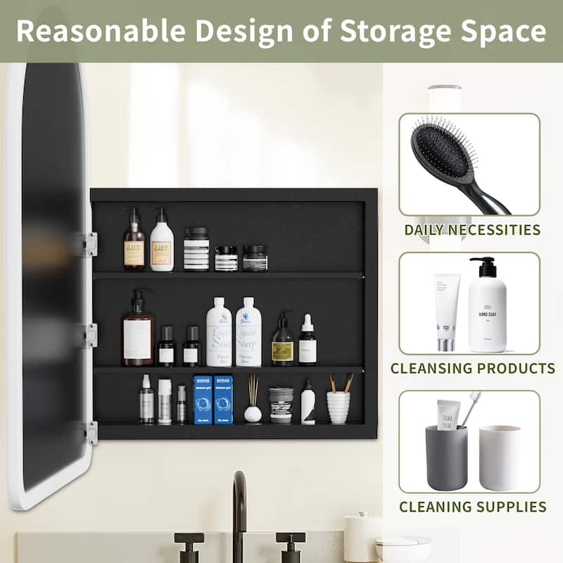 Arched Bathroom Medicine Cabinet with Mirror Wooden Framed Wall Mounted Recessed Cabinets for Bathroom Vanity