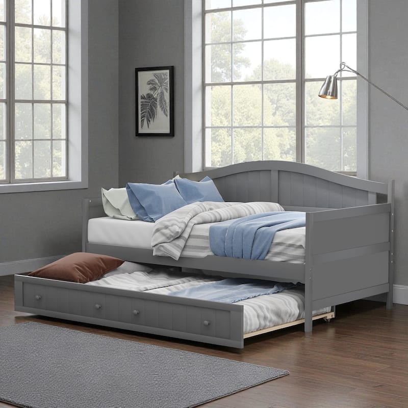 Twin Wooden Daybed with Pull-Out Trundle, Solid Wood Sofa Bed for Bedroom or Living Room, Cottage Style Design