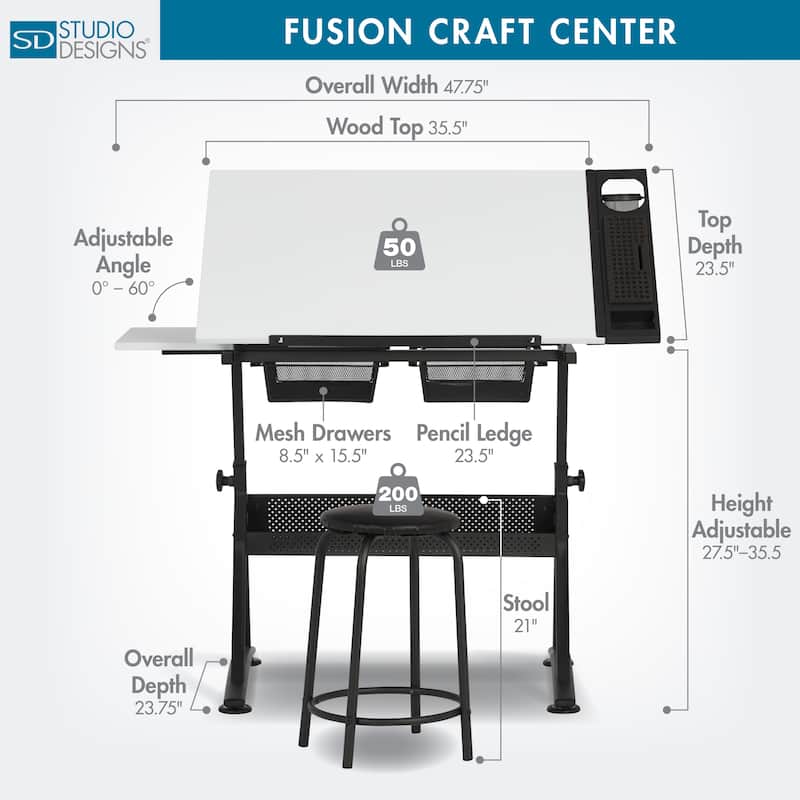 Studio Designs Fusion Craft Center Drafting Drawing Table with Adjustable Top Storage and Stool - Charcoal / White