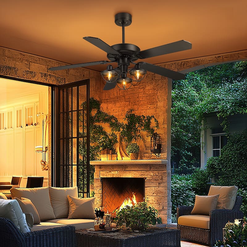 52-Inch Farmhouse Wooden Ceiling Fans with 3 Lights and Remote Control, 5-Reversible Blades Indoor/Outdoor