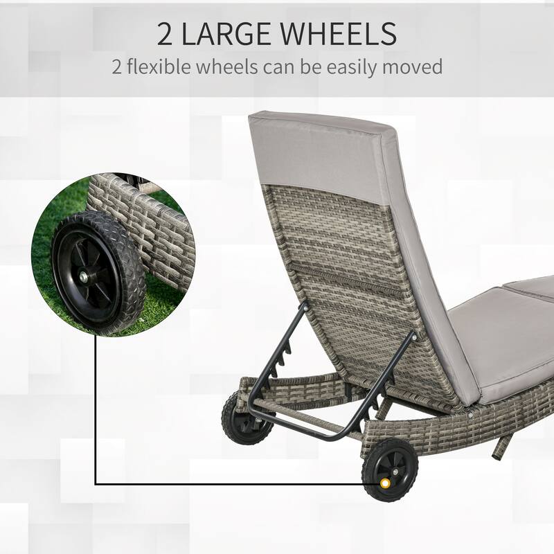 Outdoor Rattan Cushioned Chaise Lounge Chair Patio Sun Lounger with Wheels and Adjustable Backrest for Poolside