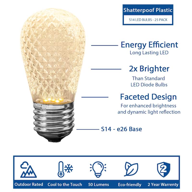 25 Pack LED S14 Faceted Outdoor Patio Edison Replacement Bulbs, Modern Multicolor - Modern Multicolor
