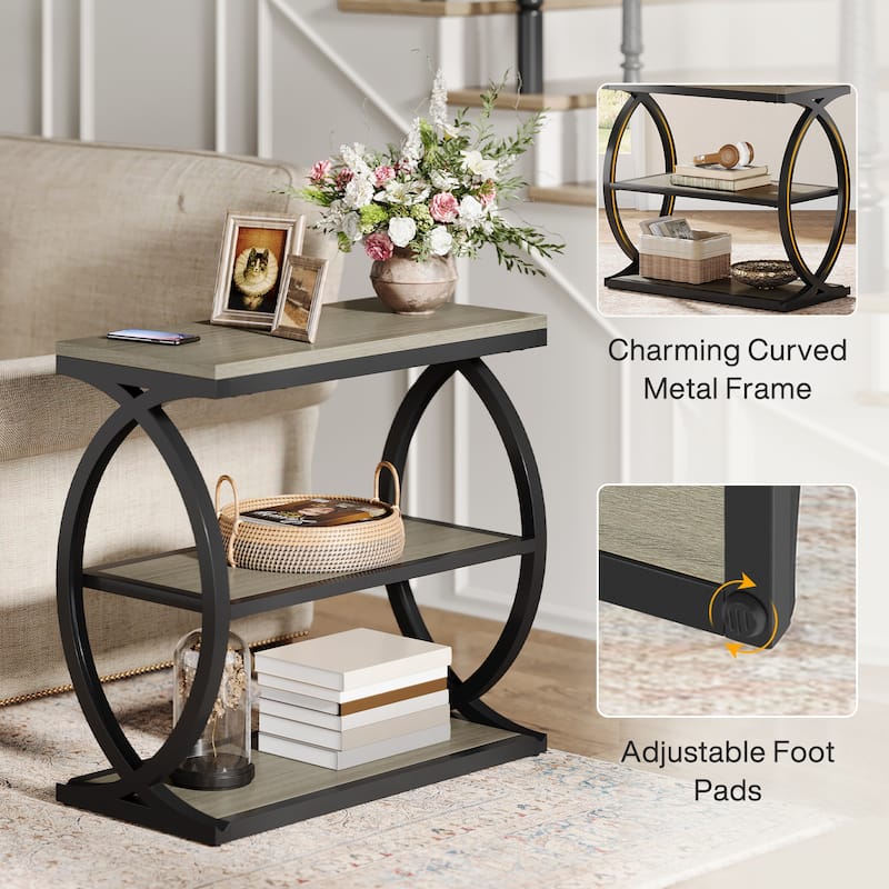 Small 3-Tier End Table for Living Room, Industrial Wooden Side Table with Metal Frame, Rustic Brown