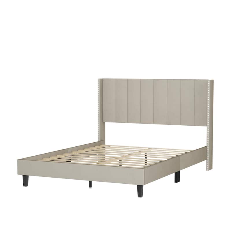 Bed Frame/Velvet Upholstered Bed Frame with Vertical Channel Tufted Headboard