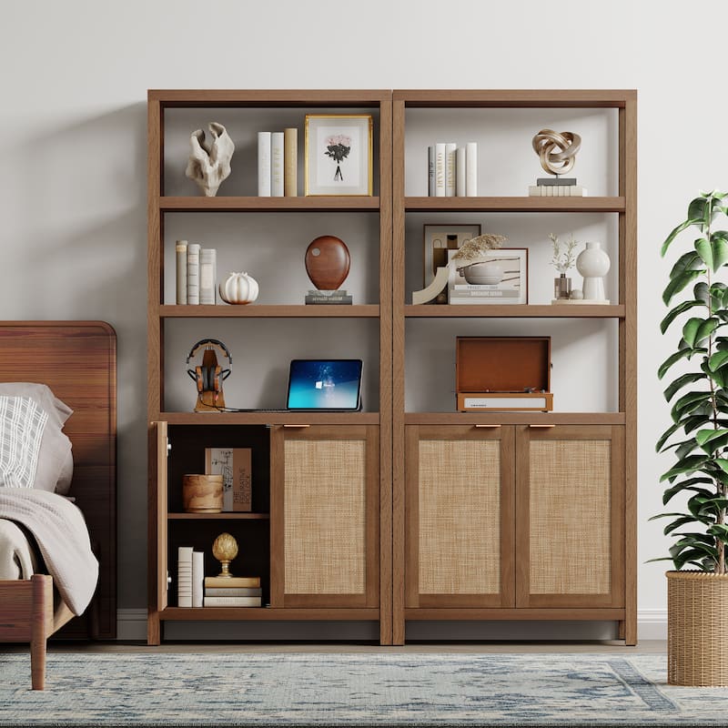 SICOTAS 5 Tier Adjustable Bookshelf with Rattan Storage Cabinet