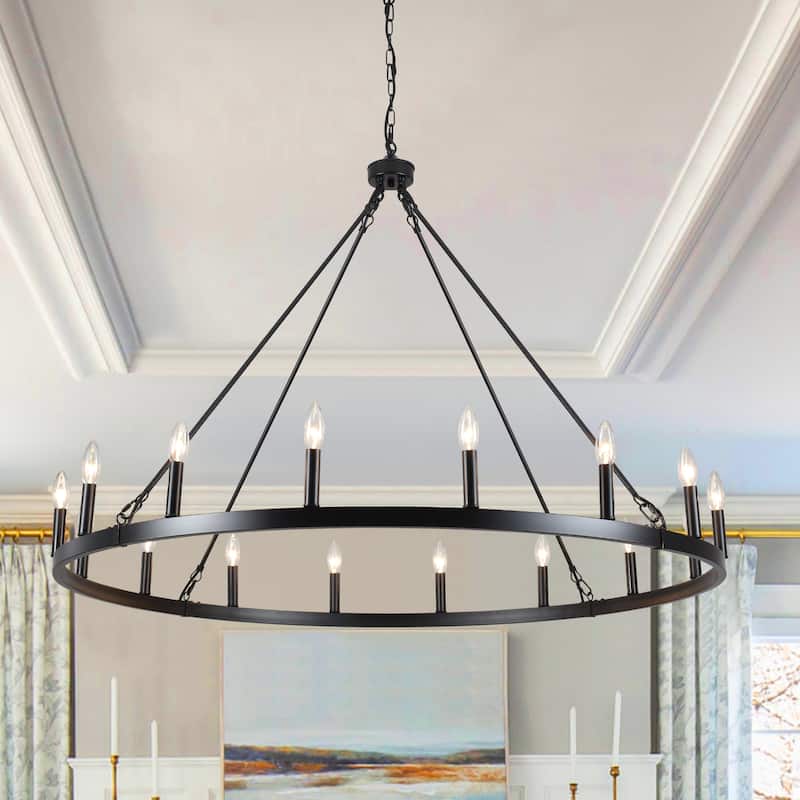 Vyolette 16-Light 47 in. Large Modern Farmhouse Candle Wagon Wheel Chandelier for Living Room - Black