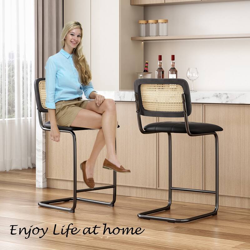 Counter Height Bar Stools Set of 2, Upholstered PU Leather Barstools with Rattan Back, 26 inch Stools Armless Bar Chairs