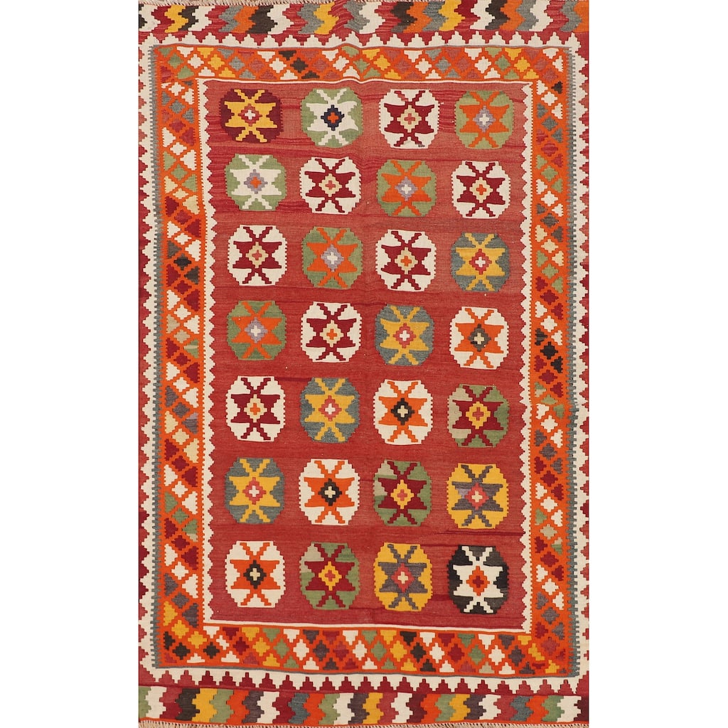 Vegetable Dye Kilim Qashqai Persian Vintage Flatweave Wool Carpet - 3'11"x 6'4"