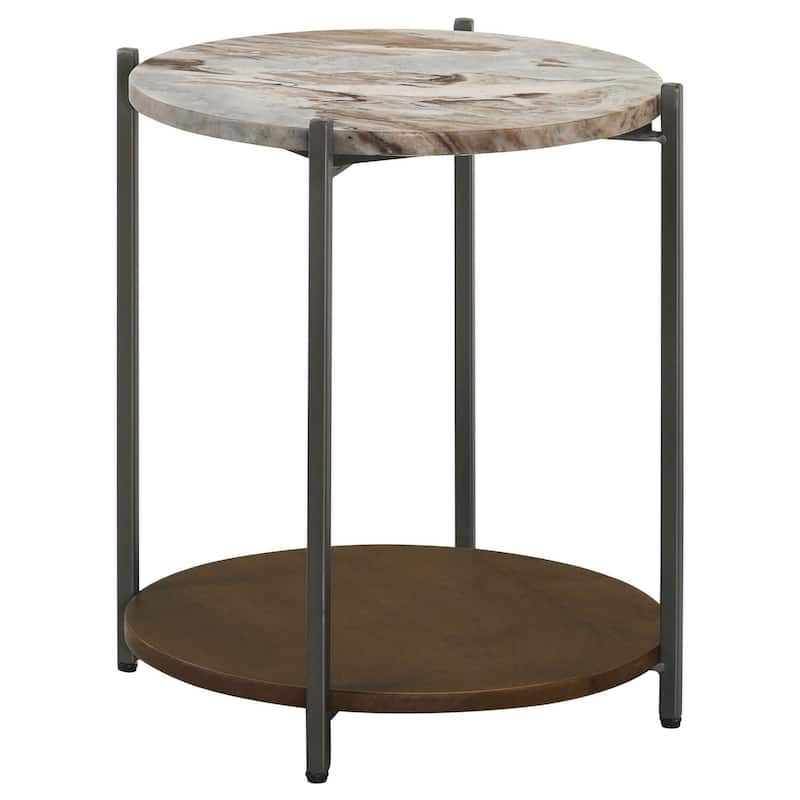 17.5 in. Gunmetal and Brown Round Faux Marble End Table, Sturdy Build End Side Table for Living Rooms