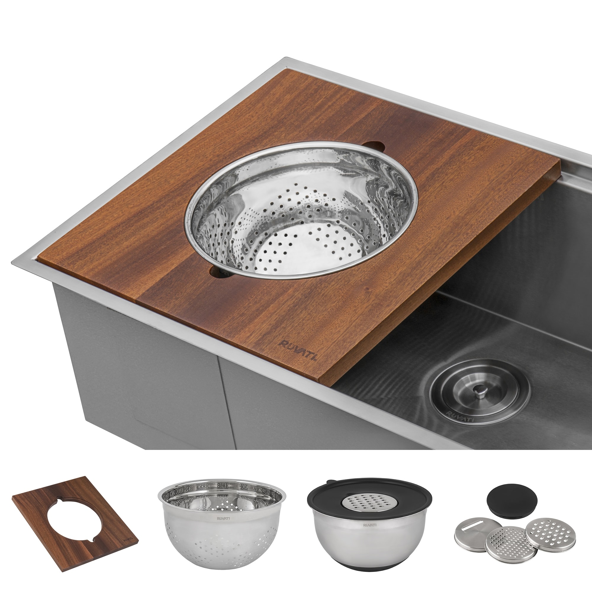 Ruvati Wood Platform with Mixing Bowl and Colander (complete set) for Workstation Sinks - - Silver