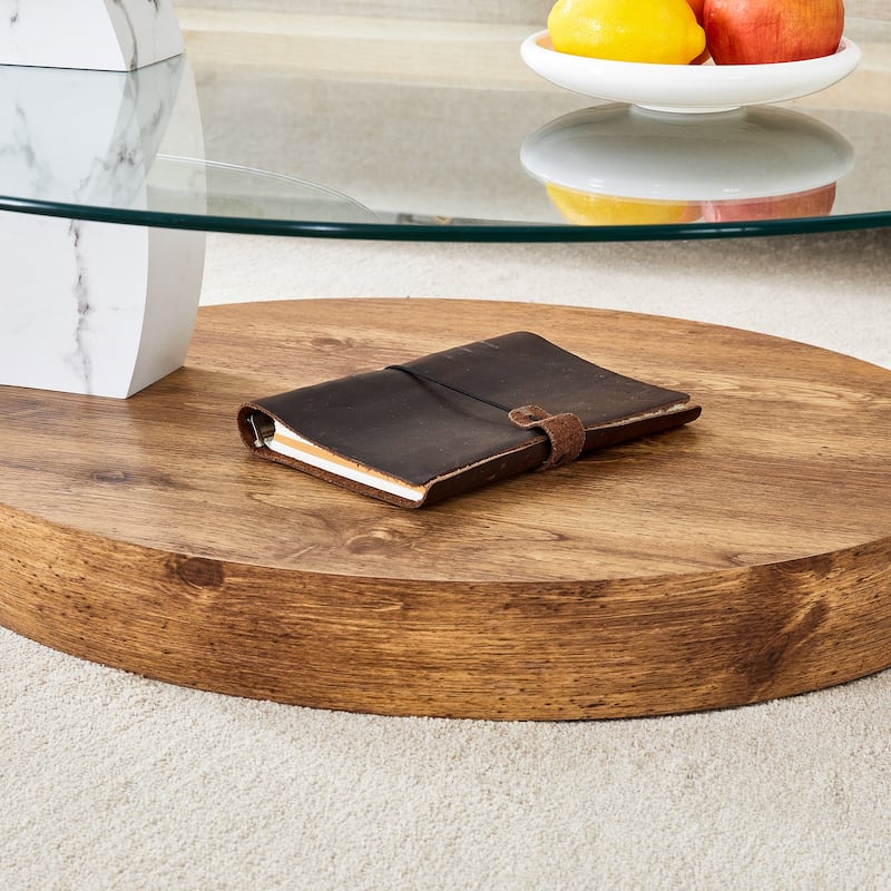 GDFStudio Marlowe Tempered Glass Coffee Table with Marble and Wood Texture Dual Base