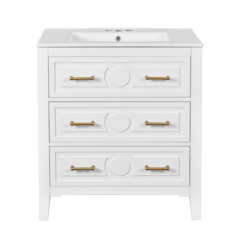 GDFStudio - Wellington Retro Freestanding Double Bathroom Vanity Set with Ceramic Sink and 3 Storage Drawers - 60'W