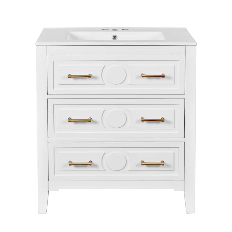 GDFStudio - Wimborne Retro Freestanding Bathroom Vanity with Ceramic Sink and 3 Storage Drawers - 30'W