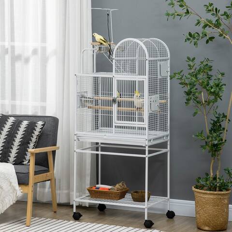 PawHut 64 Inch Steel Bird Cage, Cockatiel Cages with Bird Stand, Slide-out Tray, Food Cups, Rolling Stand for Budgies, Lovebirds