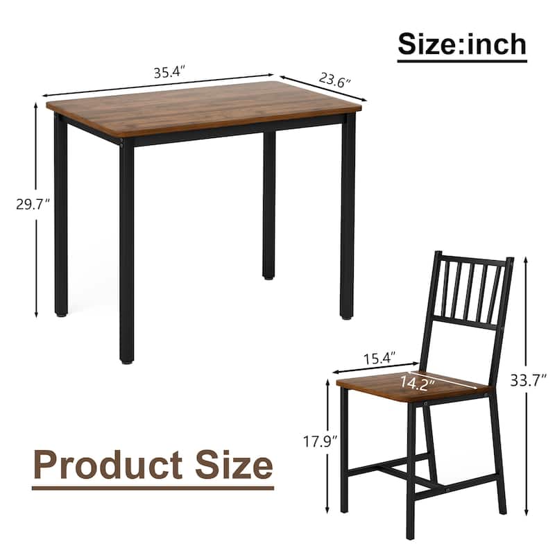 Anmytek Industrial 3 Piece Dining Set Walnut Wood Table with 2 Chairs Space Saving Breakfast Bar for Kitchen and Small Spaces