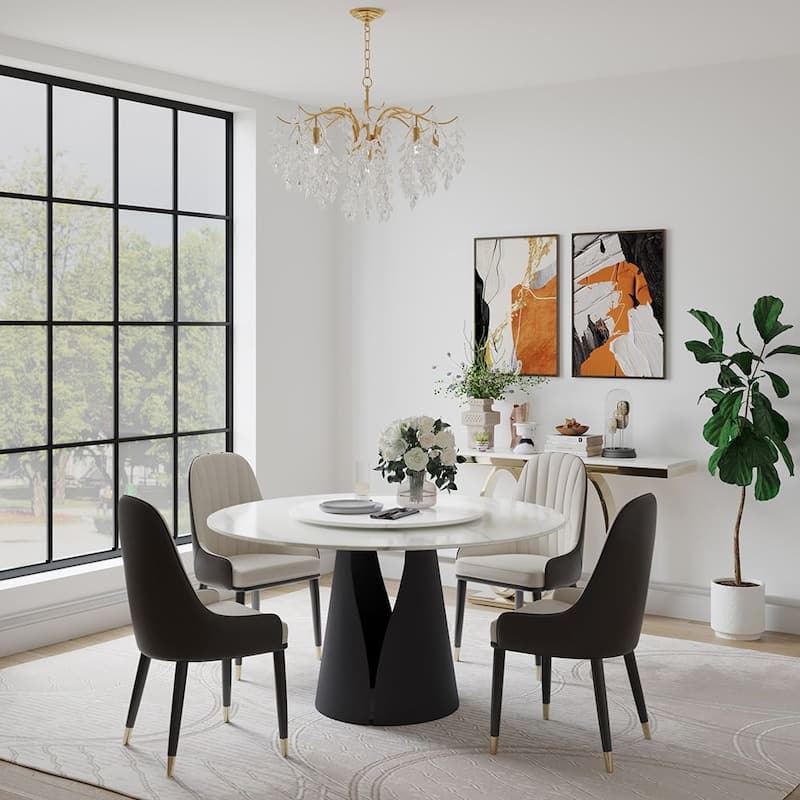 Modern Round White Dining Table，Sintered Stone Tabletop, Solid Black Carbon Steel Base